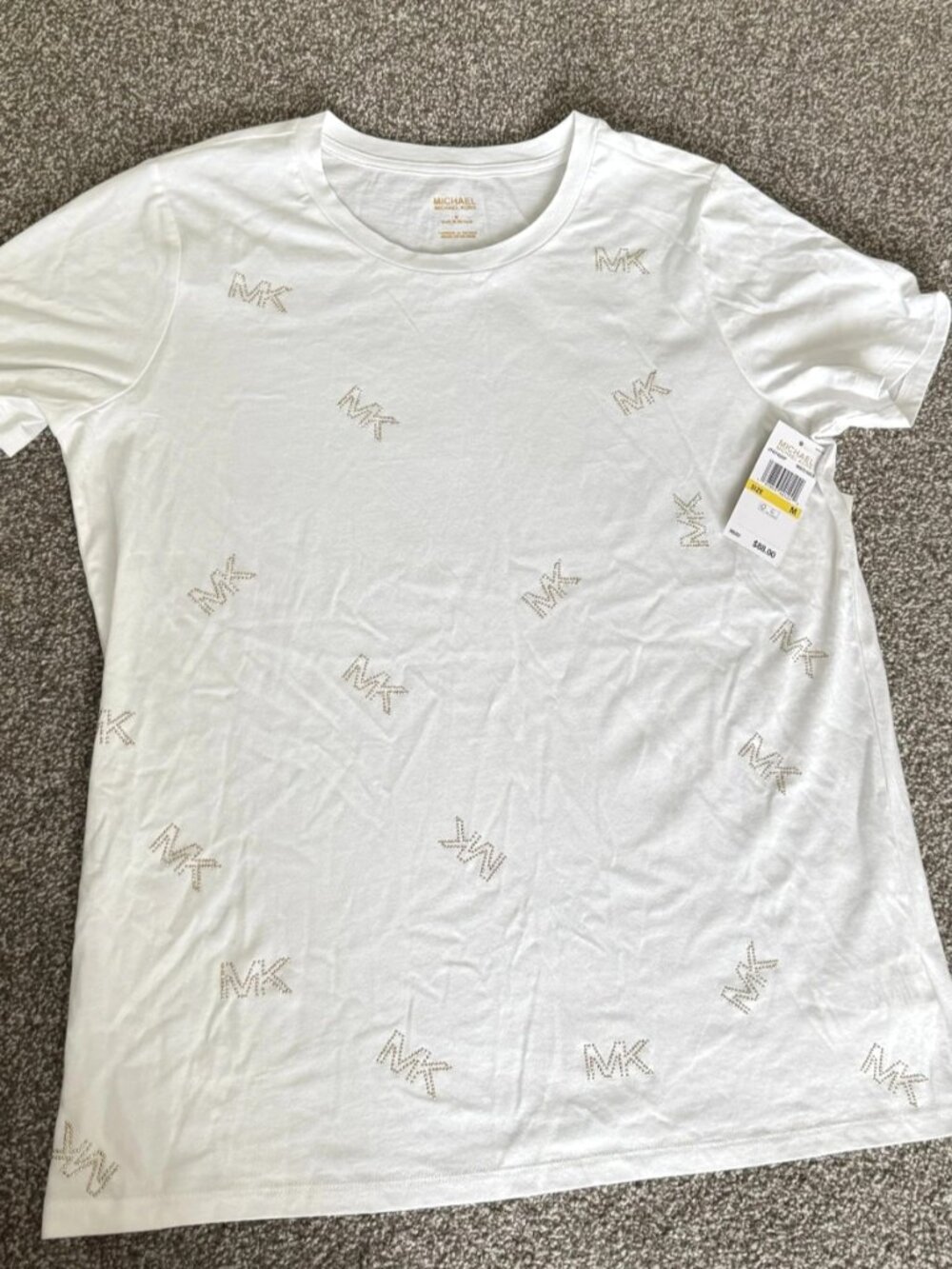 Michael Kors Women's White T-Shirt Rhinestone MK Logo M NWT